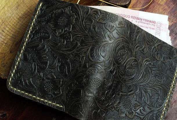 Handmade small leather wallet flowral leather billfold wallet for men women