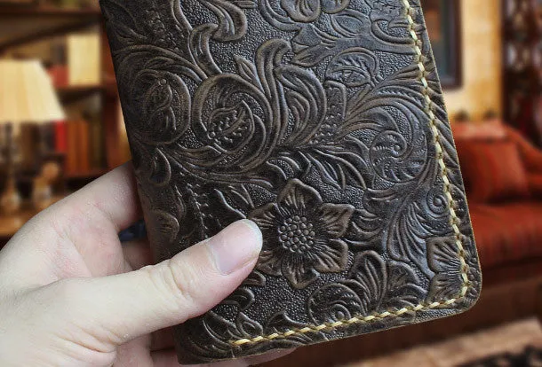Handmade small leather wallet flowral leather billfold wallet for men women