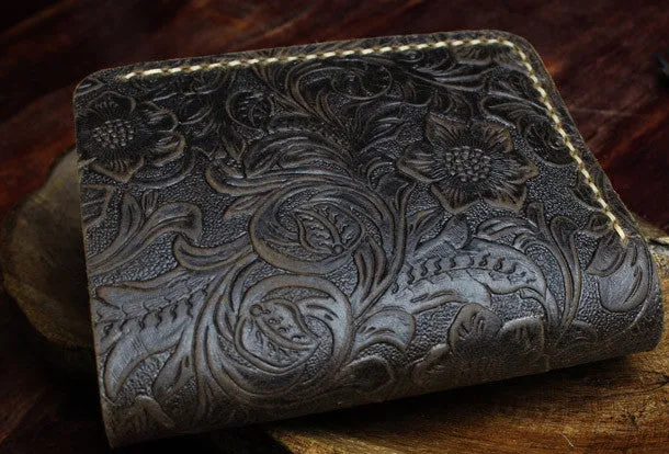 Handmade small leather wallet flowral leather billfold wallet for men women