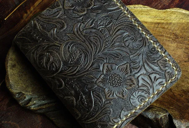 Handmade small leather wallet flowral leather billfold wallet for men women