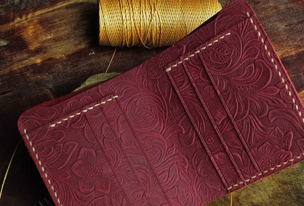 Handmade small leather wallet flowral leather billfold wallet for men women