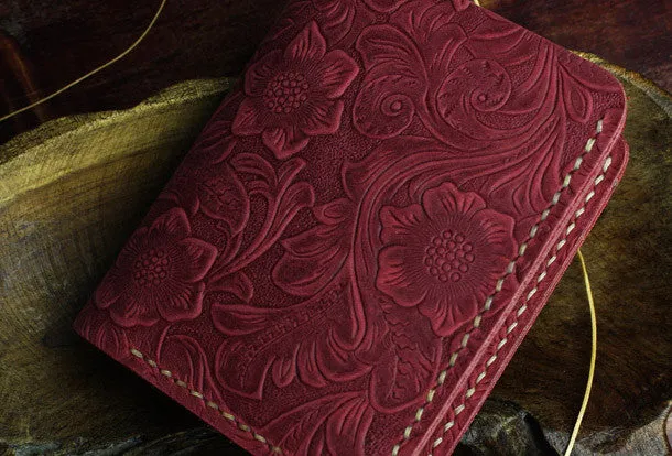 Handmade small leather wallet flowral leather billfold wallet for men women