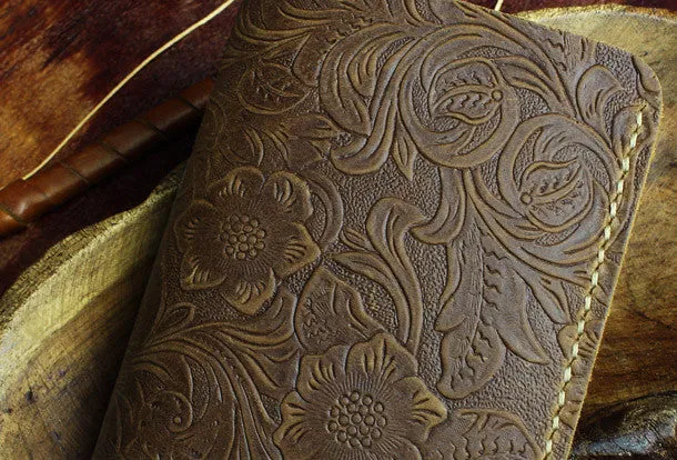Handmade small leather wallet flowral leather billfold wallet for men women