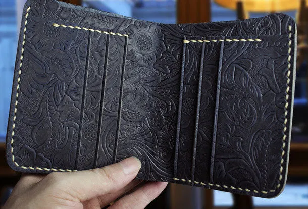 Handmade small leather wallet flowral leather billfold wallet for men women
