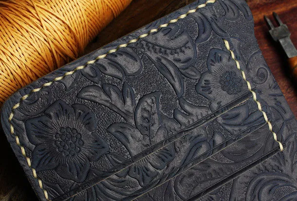 Handmade small leather wallet flowral leather billfold wallet for men women
