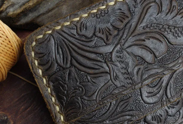 Handmade small leather wallet flowral leather billfold wallet for men women