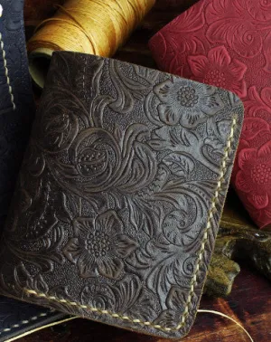 Handmade small leather wallet flowral leather billfold wallet for men women