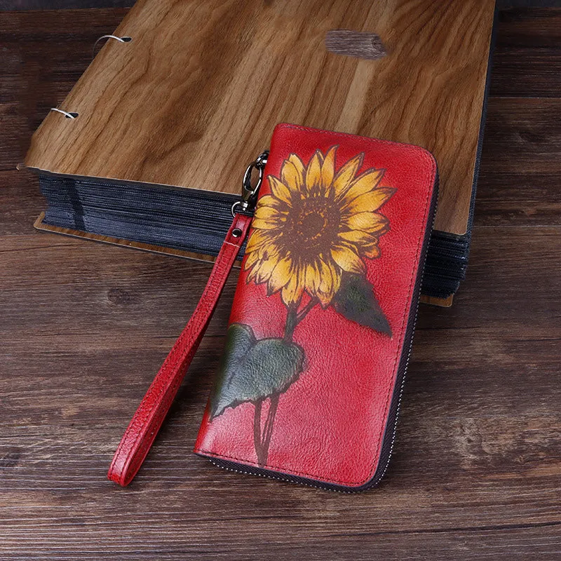 Handmade Sunflower Leather Wristlet Wallet Womens Zip Around Wallets Sunflower Ladies Zipper Clutch Wallet for Women