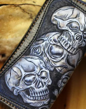 Handmade tooled biker wallet leather black blue skull carved chain wallet Long wallet clutch for men