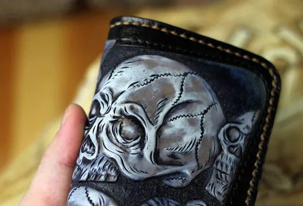 Handmade tooled biker wallet leather black blue skull carved chain wallet Long wallet clutch for men