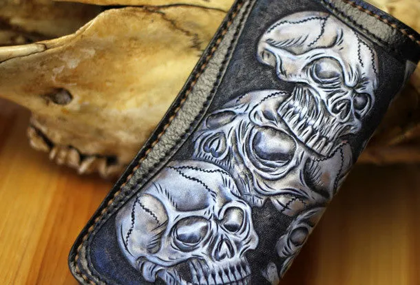 Handmade tooled biker wallet leather black blue skull carved chain wallet Long wallet clutch for men