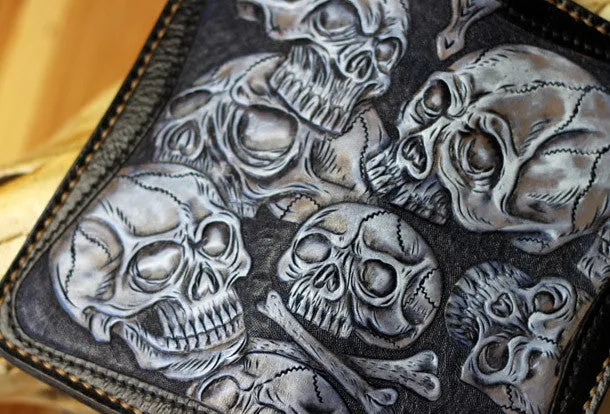 Handmade tooled biker wallet leather black blue skull carved chain wallet Long wallet clutch for men