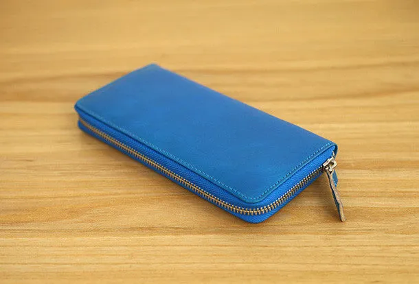 Handmade vintage blue zip leather clutch bag long wallet multi ID card holders for women