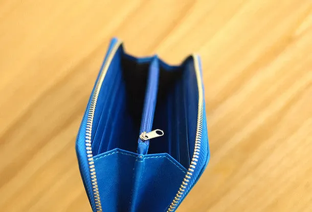 Handmade vintage blue zip leather clutch bag long wallet multi ID card holders for women