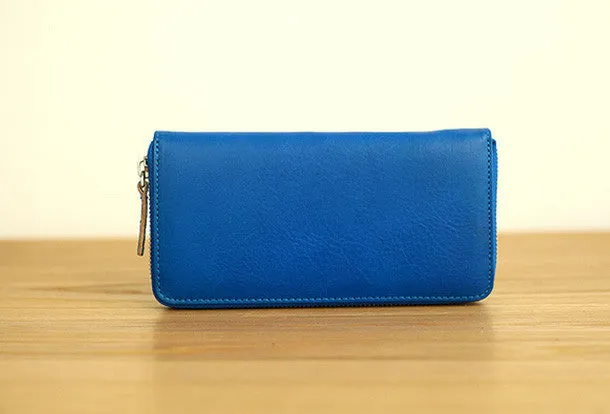 Handmade vintage blue zip leather clutch bag long wallet multi ID card holders for women