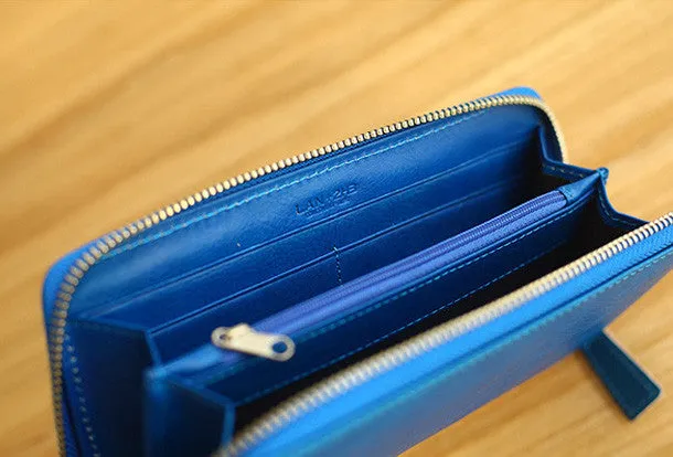 Handmade vintage blue zip leather clutch bag long wallet multi ID card holders for women
