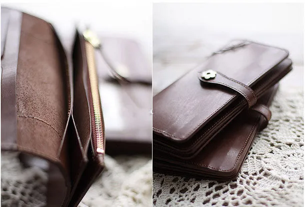 Handmade vintage coffee sweet cute leather long bifold wallet for women/lady