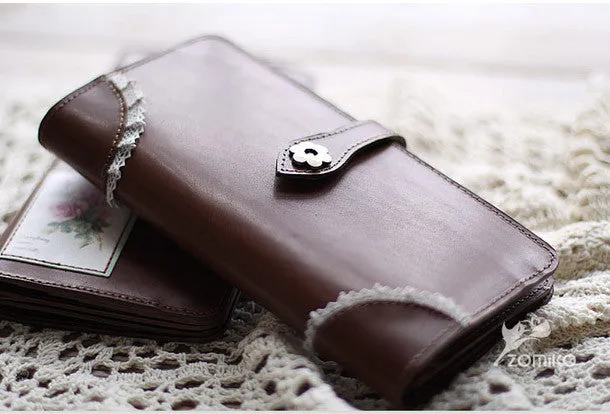 Handmade vintage coffee sweet cute leather long bifold wallet for women/lady