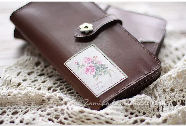 Handmade vintage coffee sweet cute leather long bifold wallet for women/lady