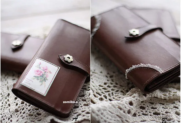 Handmade vintage coffee sweet cute leather long bifold wallet for women/lady