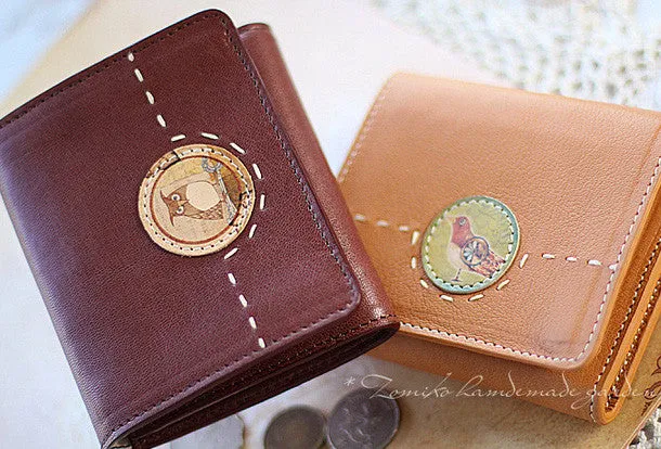 Handmade vintage custom sweet cute leather billfold trifold wallet for women/lady