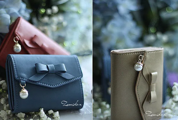 Handmade vintage cute bowknot leather billfold bifold wallet for women/lady