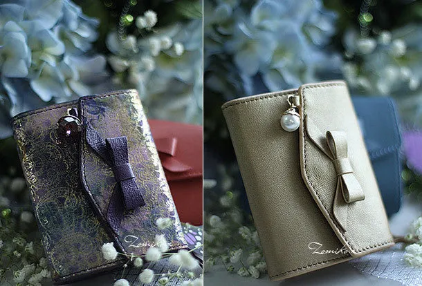 Handmade vintage cute bowknot leather billfold bifold wallet for women/lady