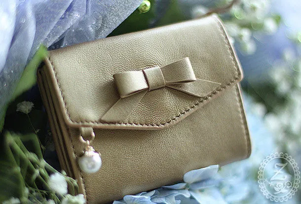 Handmade vintage cute bowknot leather billfold bifold wallet for women/lady