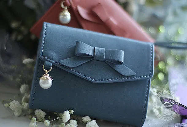 Handmade vintage cute bowknot leather billfold bifold wallet for women/lady
