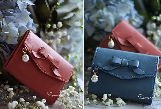 Handmade vintage cute bowknot leather billfold bifold wallet for women/lady