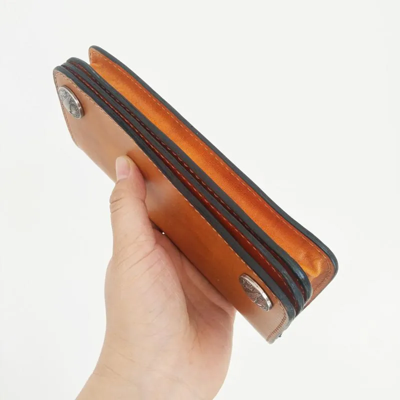 Handmade Vintage Mens Brown Leather Long Wallet Bifold Brown Cool Long Wallets for Men