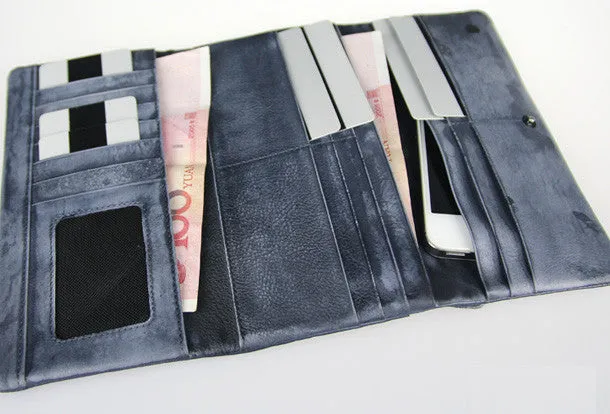 Handmade vintage modern gray leather phone clutch long wallet for women/men