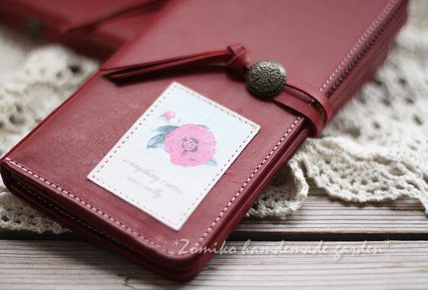 Handmade vintage red sweet cute retro leather long bifold wallet for women/lady