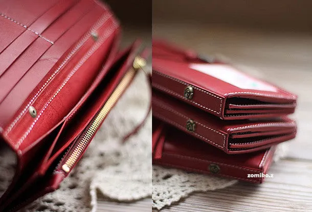 Handmade vintage red sweet cute retro leather long bifold wallet for women/lady