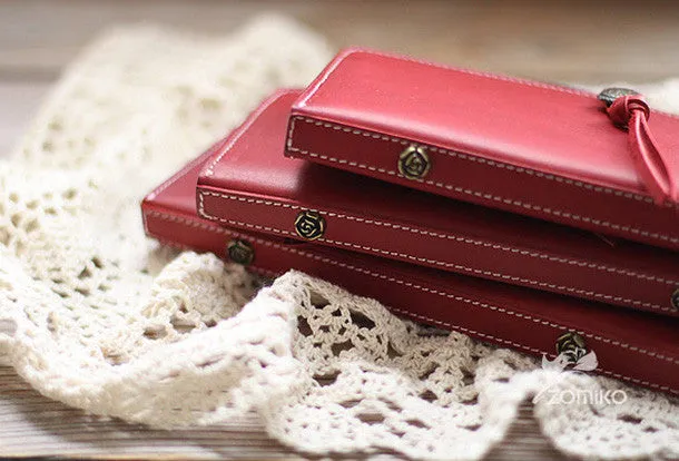 Handmade vintage red sweet cute retro leather long bifold wallet for women/lady