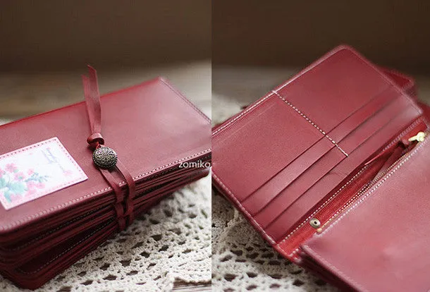 Handmade vintage red sweet cute retro leather long bifold wallet for women/lady