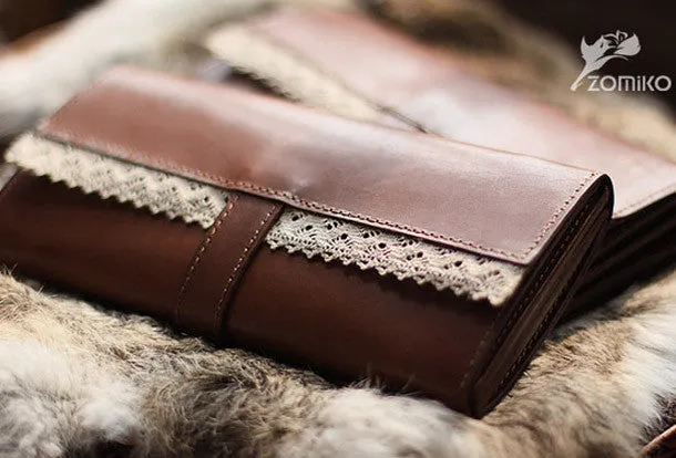 Handmade vintage sweet cute coffee lace leather long bifold wallet for women/lady