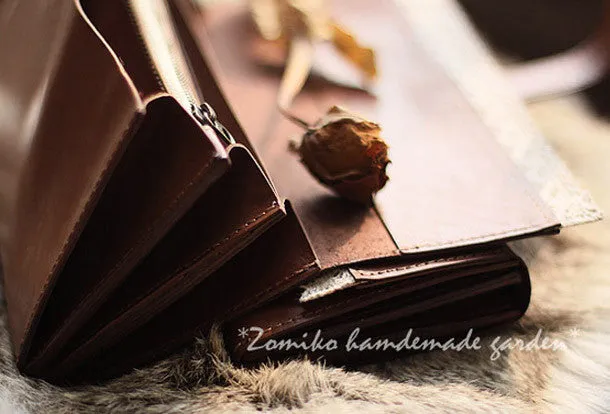 Handmade vintage sweet cute coffee lace leather long bifold wallet for women/lady