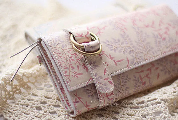 Handmade vintage sweet cute orchid leather long bifold wallet for women/lady