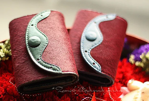 Handmade vintage sweet cute red orchid leather billfold trifold wallet for women/lady