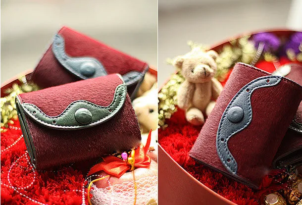 Handmade vintage sweet cute red orchid leather billfold trifold wallet for women/lady