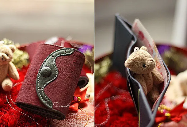 Handmade vintage sweet cute red orchid leather billfold trifold wallet for women/lady