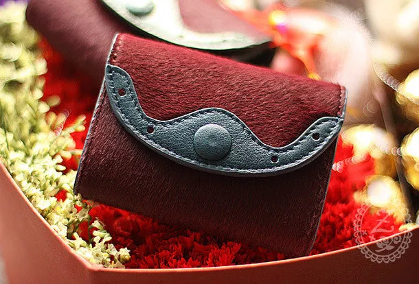 Handmade vintage sweet cute red orchid leather billfold trifold wallet for women/lady