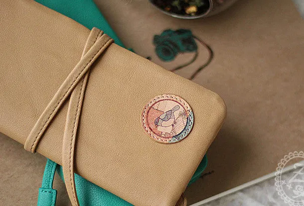 Handmade vintage sweet green stamp tie leather long bifold wallet for women/lady
