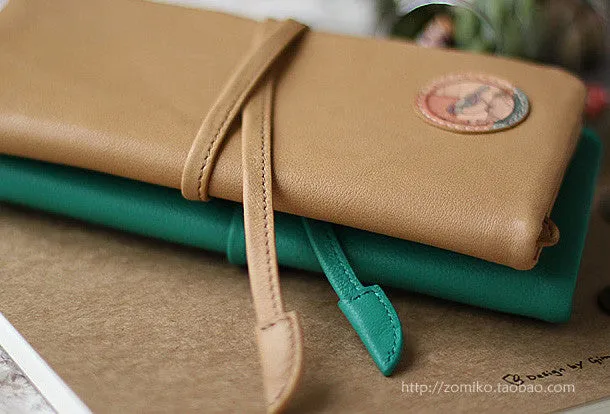 Handmade vintage sweet green stamp tie leather long bifold wallet for women/lady