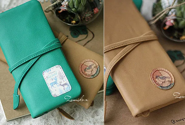 Handmade vintage sweet green stamp tie leather long bifold wallet for women/lady