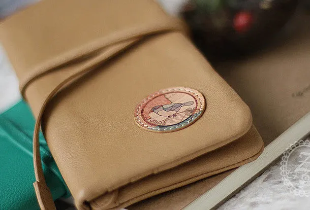 Handmade vintage sweet green stamp tie leather long bifold wallet for women/lady