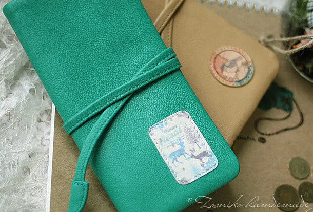 Handmade vintage sweet green stamp tie leather long bifold wallet for women/lady