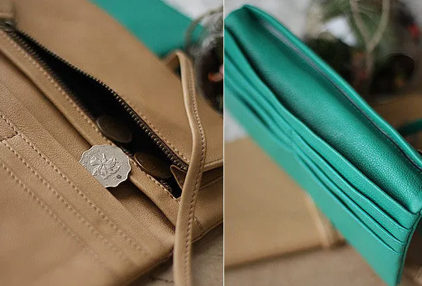 Handmade vintage sweet green stamp tie leather long bifold wallet for women/lady