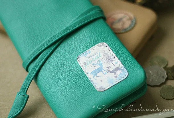 Handmade vintage sweet green stamp tie leather long bifold wallet for women/lady